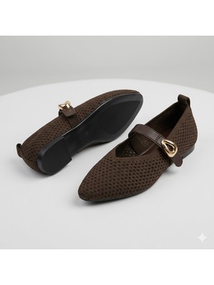 Kindep (Park Moda) Yan Toka Detaylı Triko Günlük Kadın Babet Kahve