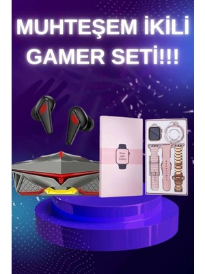 Calperia Yeni Nesil Pembe Dokunmatik Ekran Akıllı Saat ve Oyuncu Kulaklığı Kablosuz Bluetooth Kulaklık