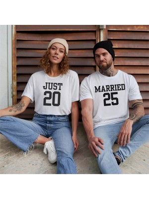 Hediyenza Just Married Evleniyoruz Gelin Damat Tasarımlı Couple Mr & Mrs Çift Beyaz T-Shirt ( 2 Adet )