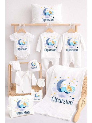 Sitilin Erkek Bebek %100 Pamuk Organik Isim Baskılı Yenidoğan Hastane Çıkışı Fırça Bebek Hediye Çantalı Seti