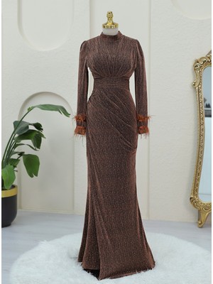 Modamorfo Kolu Tüylü Önü Çift Kuyruklu Abiye -Kahve