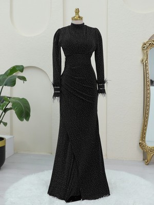 Moda Morfo Kolu Tüylü Önü Çift Kuyruklu Abiye -Siyah