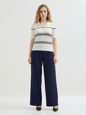 Karaca Beyaz %100 Pamuk Çizgili Desenli Polo Yaka Triko