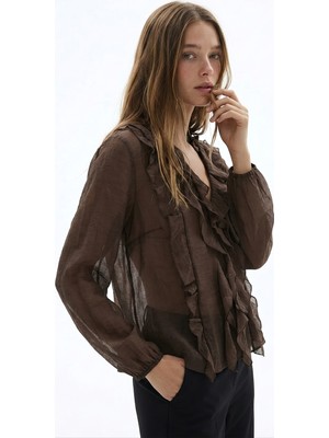 Quzu Önü Fırfırlı V Yaka Gömlek Kahverengi