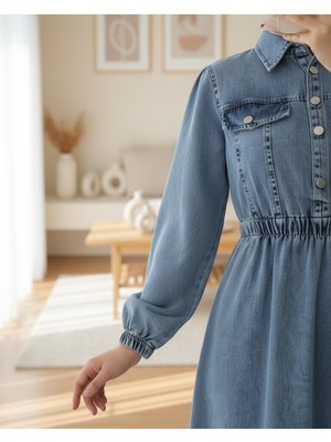 Modamorfo Beli Lastikli Yarım Düğmeli Kot Elbise -Buz Mavi