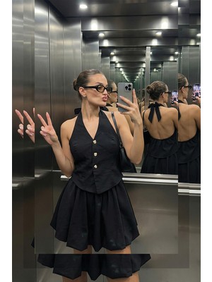 Quzu Halter Yaka Yelek Formlu Balon Elbise Siyah