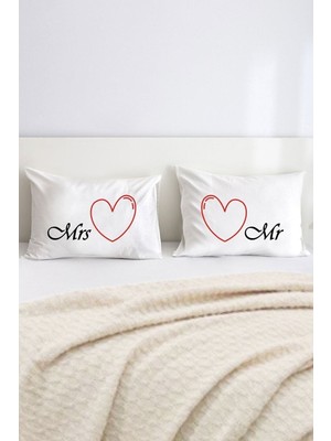 Hediyenza Mr And Mrs Baskılı Yazılı Çift Kişilik Dekoratif Yastık Kılıfı 50X70 cm - Beyaz