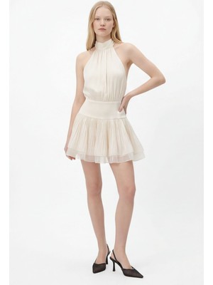 Quzu Boyundan Bağlamalı Volanlı Mini Elbise Bej