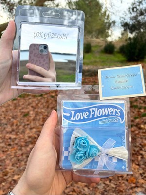 C&On Design Mini Buket Çiçek Aynalı Mavi Özel Love Flowers Hot Flowers 14 Şubat Sevgililer Günü Hediyesi