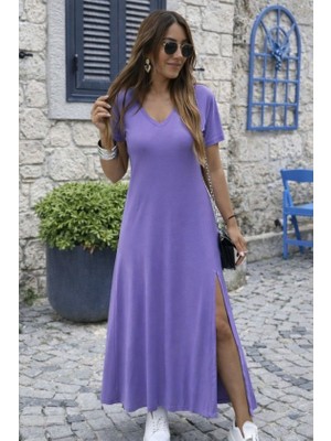 Amara Boutique Kadın Kısa Kollu V Yakalı Maksi Boy Viskon Elbise