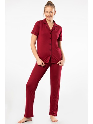 Türen Kadin Düz Kisa Kollu Gömlek Yaka Pijama Takimi 3368/BORDO