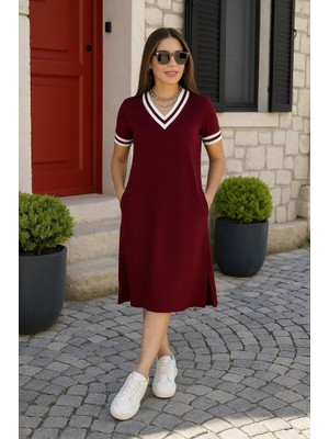 Deridün Yıldız Shoes Kadın Kısa Kollu V Yaka ve Yaka Ribana Detay Midiboy Viskon Elbise