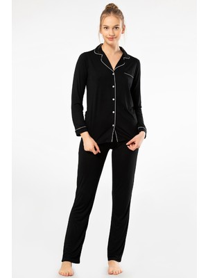 Türen Kadin Düz Uzun Kollu Gömlek Yaka Pijama Takimi 3365/SIYAH