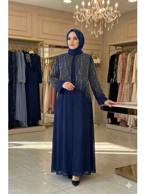 Aynur Tesettür Tesettür Abiye Büyük Beden Taşlı Şık Uzun Kollu Modest Elbise Özel Gün Davet Kombini