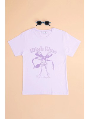 FullaModa Fiyonk ve Yazı Baskılı Kız Çocuk Tişört