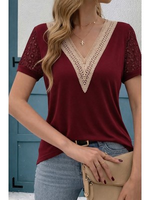 Nnstartshopping  Kadın Kısa Kollu V Yakalı Dantel Detaylı Viskon Bluz