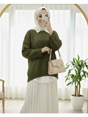 Modamorfo Bisiklet Yaka Eteği Fitilli Salaş Triko Kazak    -Haki