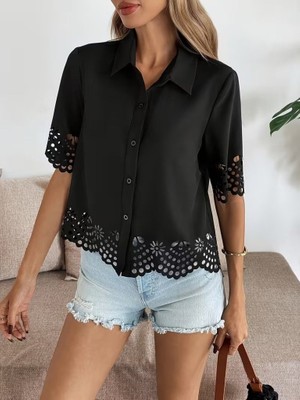 Nidam Butik Kadın Kısa Kollu Yakalı Önden Düğmeli Dubai Gömlek Bluz