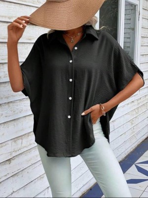 Hynova Kadın Aerobin Kumaş Oversize Kısa Kollu Gömlek