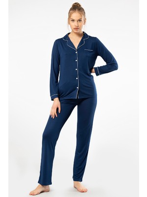Türen Kadin Düz Uzun Kollu Gömlek Yaka Pijama Takimi 3365/LACIVERT