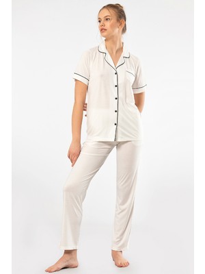 Türen Kadin Düz Kisa Kollu Gömlek Yaka Pijama Takimi 3368/EKRU