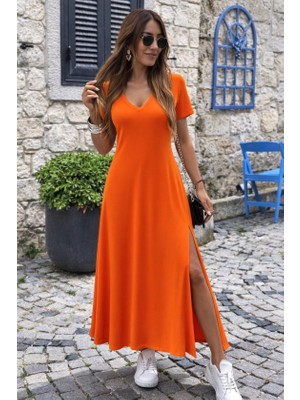 Arben Boutique Kadın Kısa Kollu V Yakalı Maksi Boy Viskon Elbise