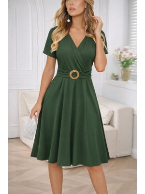 Indispensablely Kadın Kısa Kollu Kruvaze Yakalı Önden Toka Detaylı Kısa Viskon Elbise