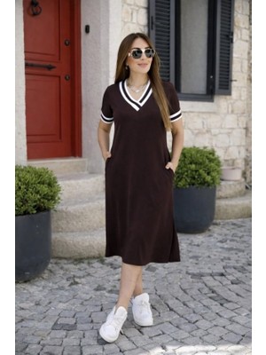 Deridün Yıldız Shoes Kadın Kısa Kollu V Yaka ve Yaka Ribana Detay Midiboy Viskon Elbise