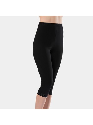 Türen Kadin Dantelli Pamuklu Likrali Crop Boy Tayt 259/SIYAH