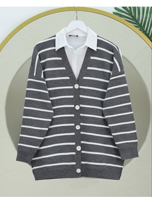 Modamorfo Çizgili Düğmeli V Yaka Triko Hırka     -Füme