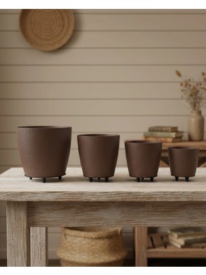 Nexgen 4’lü 3D Şık Kahverengi Vazo Seti Modern Ayaklı Saksı