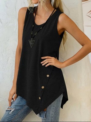 Deridün Yıldız Shoes Kadın Askılı Yuvarlak Yakalı Asimetrik Kesim Detaylı Viskon Bluz