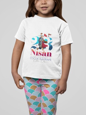 Ontunew Bisiklet Yaka Pamuklu Kısa Kollu 23 Nisan Baskılı Erkek ve Kız Çocuk T-Shirt