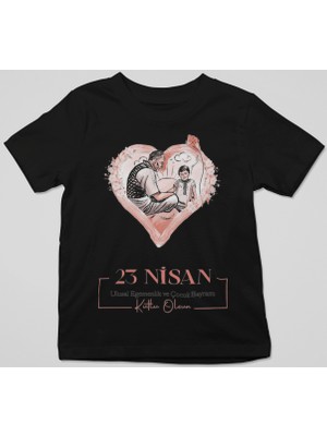 Ontunew 23 Nisan Baskılı Bisiklet Yaka Pamuklu Kısa Kollu Erkek ve Kız Çocuk Tişört