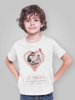 Ontunew 23 Nisan Baskılı Bisiklet Yaka Pamuklu Kısa Kollu Erkek ve Kız Çocuk Tişört
