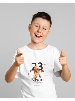 Ontunew 23 Nisan Baskılı Bisiklet Yaka Pamuklu Kısa Kollu Erkek ve Kız Çocuk Tişört