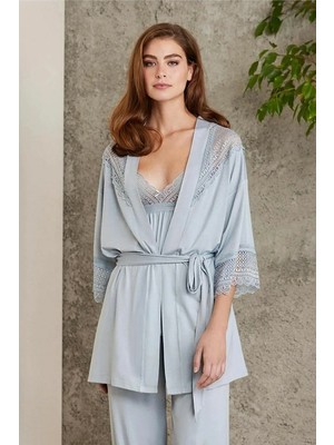 Pierre Cardin 2820 Kadın Mist Dantelli Penye 3'lü Sabahlıklı Pijama Takım