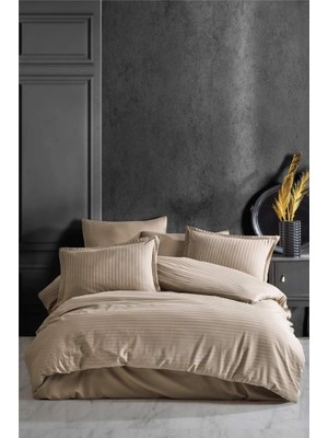 Bucuks Çizgili Saten Nev Takımı Çift Kişilik Açık Kahve