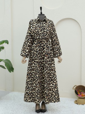 Modamorfo Üstü Gömlek Detaylı Leopar Desenli Elbise -Vizon