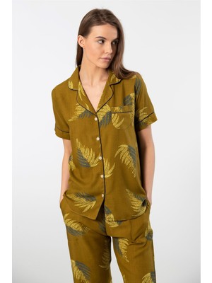 Türen Kadin Desenli Kisa Kol Dokuma Pijama Takimi 3604/HAKI