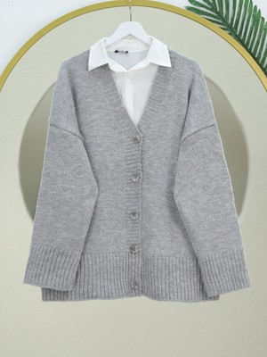 Modamorfo Düğmeli Oversize Triko Hırka -Gri