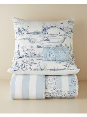 English Home Striped Jouy Pamuklu Çarşaflı Çift Kişilik Nevresim Takımı 200x220 cm Mavi
