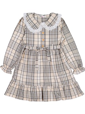 Civil Girls Ekose Desenli 6-9 Yaş Elbise - Bej