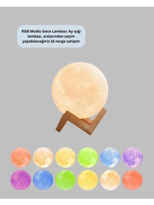 16 Renkli 3D Ay Gece Lambası Rgb Modlu Şarjlı ARLSTRTCH-TKND2255