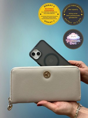 Shiny Ever Büyükboy Telefon Bölmeli Deri Kadın Cüzdan El Çantası Kremrengi Gold Detaylı