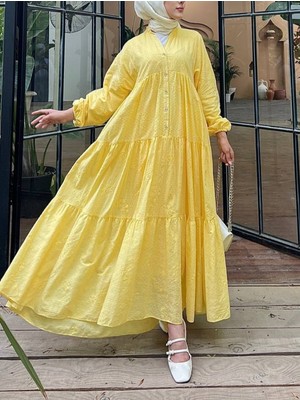 Moda Morfo Parçalı Düğme Detaylı Elbise -Sarı