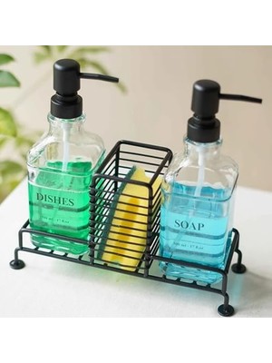 Mutfak Sabun ve Deterjan Dispenser Seti Demir Çiftli Pompa ve Sünger Standı 500 ml Siyah