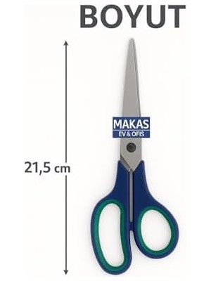 21.5 cm Paslanmaz Çelik Büyük Ofis Makası – Ergonomik Kauçuk Saplı, Yeşil-Lacivert Renkli, Ev & Büro Tipi