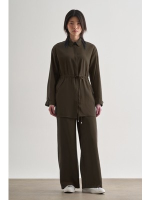 Mizalle  Beli Ip Büzgülü Modal Koyu Kahverengi Tunik