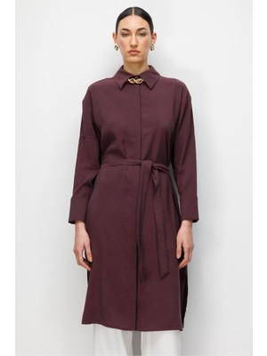 Mizalle Tencel Karışımlı Uzun Mürdüm Rengi Tunik